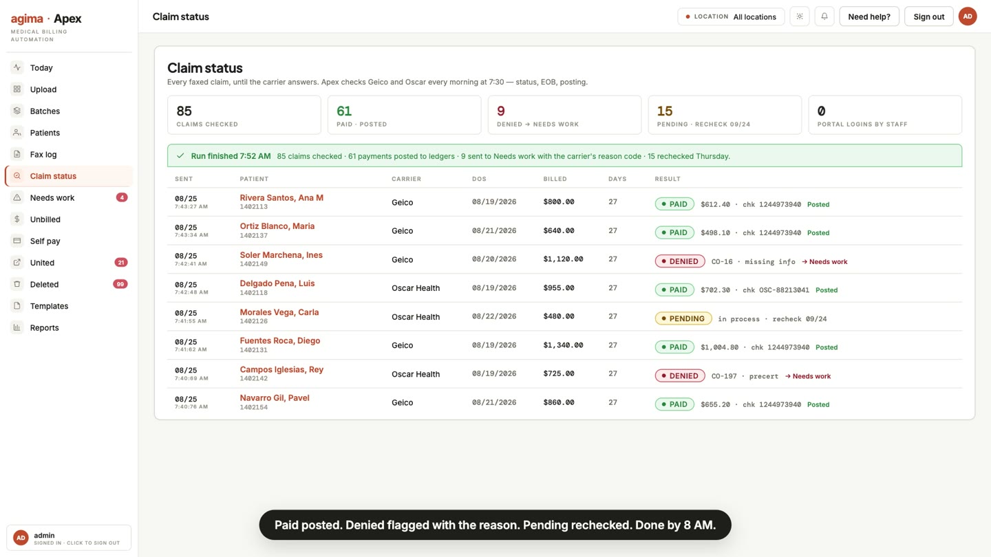 Apex claim workflow product screen using fictional demo data
