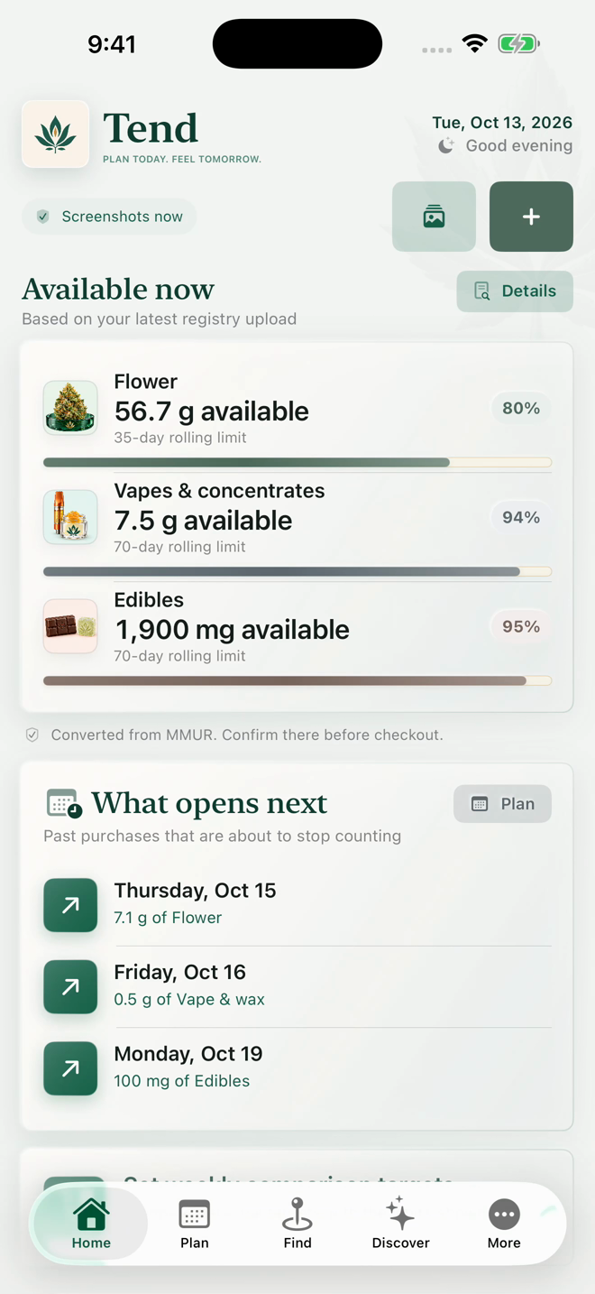 Actual Tend Home screen showing available amounts and upcoming dates using fictional sample data.