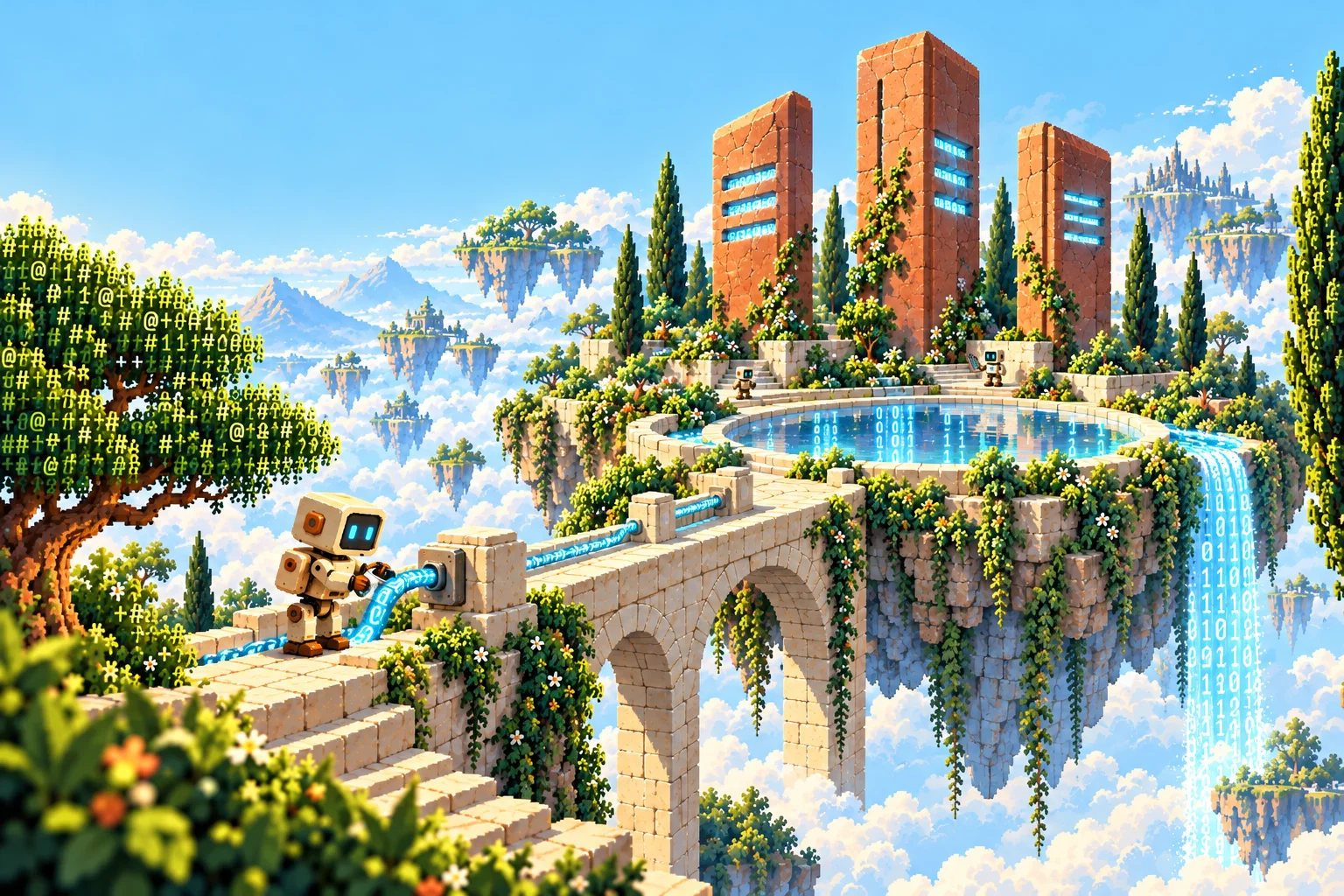 An imagined network garden with tall server towers, binary water, and robot technicians.